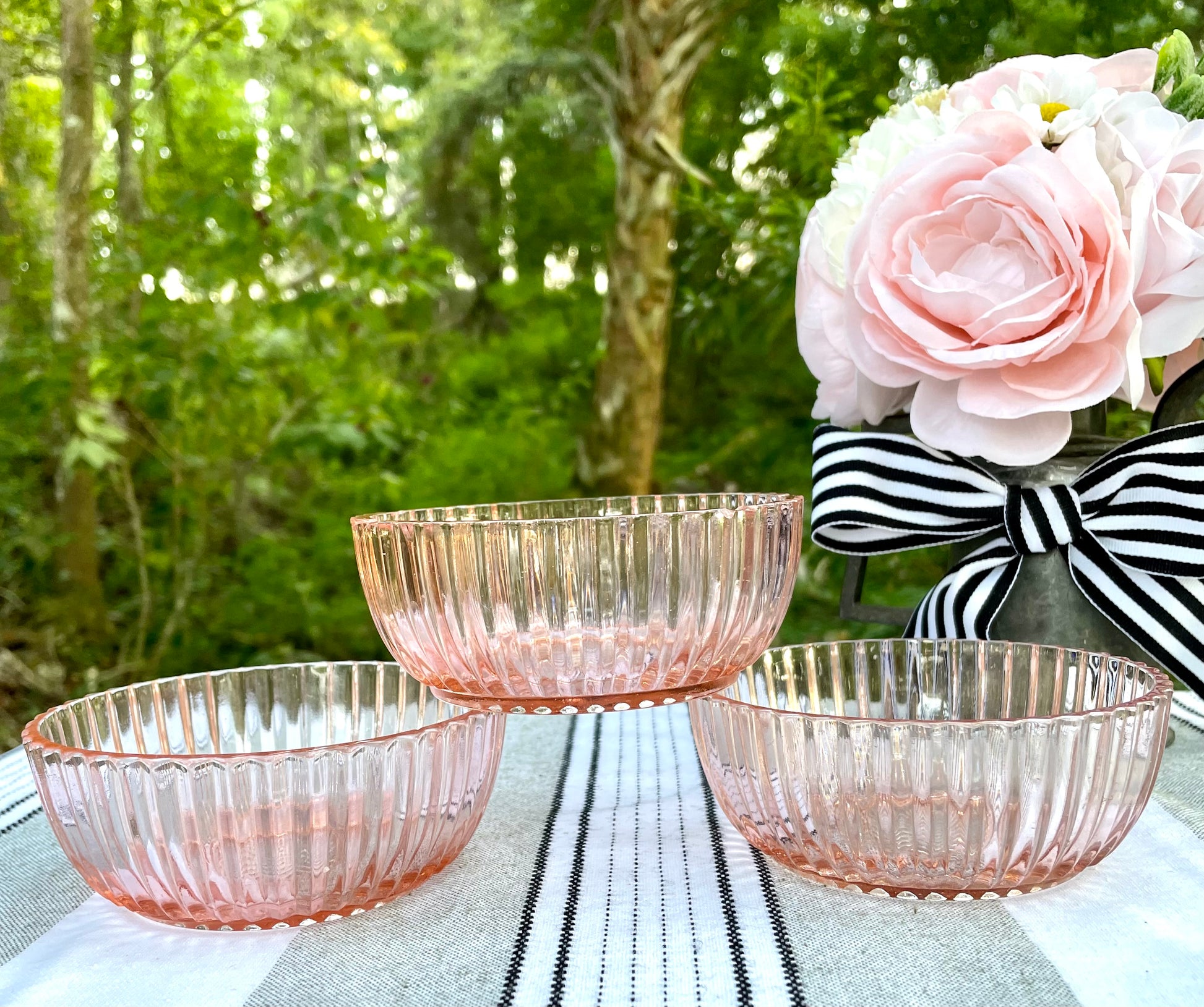 Antique Anchor Hocking Queen Mary Pink Depression Glass Set of Sauce Bowl Set of 3 and 2 Matching Cups with Handles Thebrokenbirdcompany vintage pink dishes party dishes pink glass bowl and cup Easter dinner vintage kitchen unique birthday gift