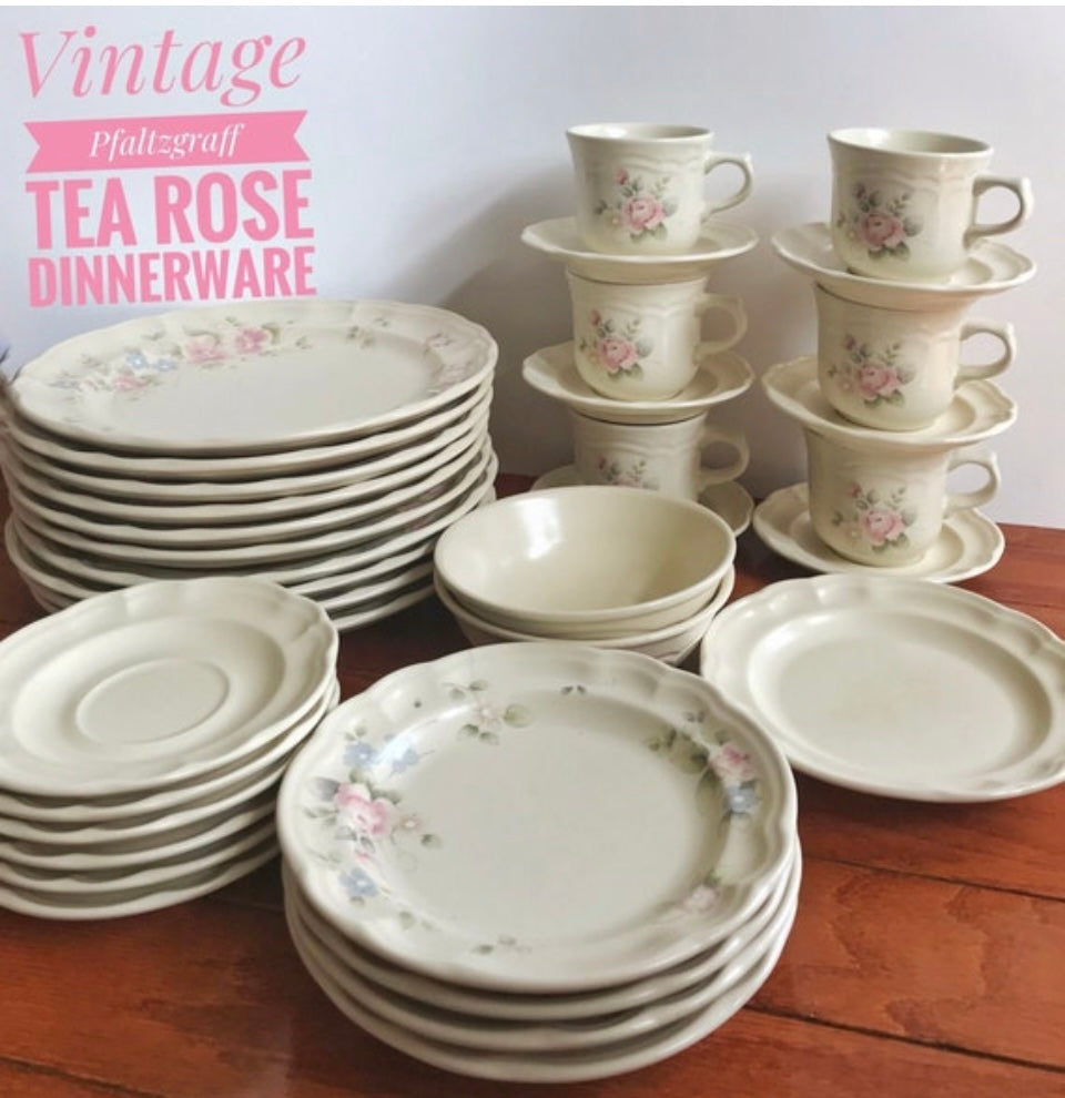 Vintage Pfaltzgraff, Tea Rose dinnerware, Pfaltzgraff Tea Rose, stoneware floral plates, pink rose dishes, scalloped edge dinnerware, 1980s dinnerware, country cottage tableware, American pottery, replacement china, Pfaltzgraff PFATER, cream ivory floral set, microwave safe stoneware, vintage kitchenware, collectible dinnerware Thebrokenbirdcompany free shipping