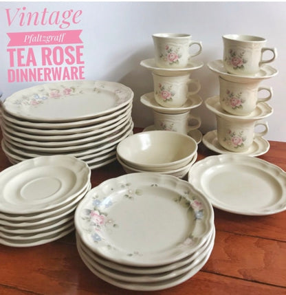 Vintage Pfaltzgraff, Tea Rose dinnerware, Pfaltzgraff Tea Rose, stoneware floral plates, pink rose dishes, scalloped edge dinnerware, 1980s dinnerware, country cottage tableware, American pottery, replacement china, Pfaltzgraff PFATER, cream ivory floral set, microwave safe stoneware, vintage kitchenware, collectible dinnerware Thebrokenbirdcompany free shipping