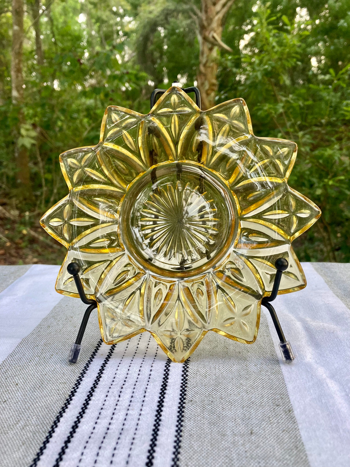 Federal Glass, Petal pattern, yellow glass plate, amber sunflower plate, vintage dessert plate, mid century modern, MCM glassware, 1960s glass, pressed glass plate, starburst petal, flower plate, Sungold, collectible glass Thebrokenbirdcompany free shipping vintage kitchen sunflower plate