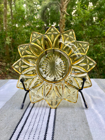 Federal Glass, Petal pattern, yellow glass plate, amber sunflower plate, vintage dessert plate, mid century modern, MCM glassware, 1960s glass, pressed glass plate, starburst petal, flower plate, Sungold, collectible glass Thebrokenbirdcompany free shipping vintage kitchen sunflower plate