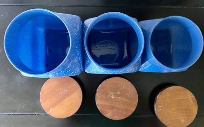 blue speckled canisters, farmhouse kitchen canisters, glass jars wooden lids, blue white speckled storage, cottagecore decor, set of 3 canisters, rustic kitchen storage Thebrokenbirdcompany free shipping