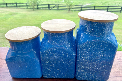 blue speckled canisters, ceramic canister set, farmhouse kitchen decor, kitchen storage jars, wooden lid canisters, set of 3 canisters, rustic kitchen storage, blue kitchen canisters, speckled ceramic jars, cottagecore kitchen, coastal farmhouse decor, countertop storage, vintage style canisters, blue and white kitchen jars, farmhouse canisters, ceramic storage set Thebrokenbirdcompany free shipping