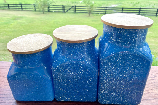 blue speckled canisters, ceramic canister set, farmhouse kitchen decor, kitchen storage jars, wooden lid canisters, set of 3 canisters, rustic kitchen storage, blue kitchen canisters, speckled ceramic jars, cottagecore kitchen, coastal farmhouse decor, countertop storage, vintage style canisters, blue and white kitchen jars, farmhouse canisters, ceramic storage set Thebrokenbirdcompany free shipping