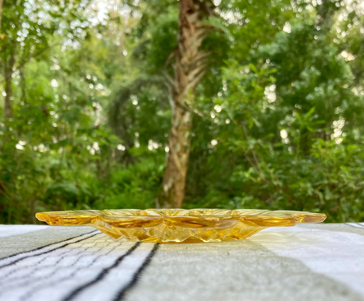 Federal Glass, Petal pattern, yellow glass plate, amber sunflower plate, vintage dessert plate, mid century modern, MCM glassware, 1960s glass, pressed glass plate, starburst petal, flower plate, Sungold, collectible glass Thebrokenbirdcompany free shipping vintage kitchen sunflower plate
