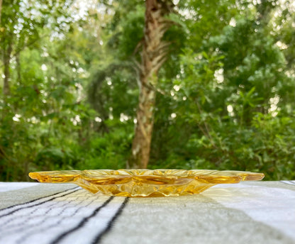 Federal Glass, Petal pattern, yellow glass plate, amber sunflower plate, vintage dessert plate, mid century modern, MCM glassware, 1960s glass, pressed glass plate, starburst petal, flower plate, Sungold, collectible glass Thebrokenbirdcompany free shipping vintage kitchen sunflower plate