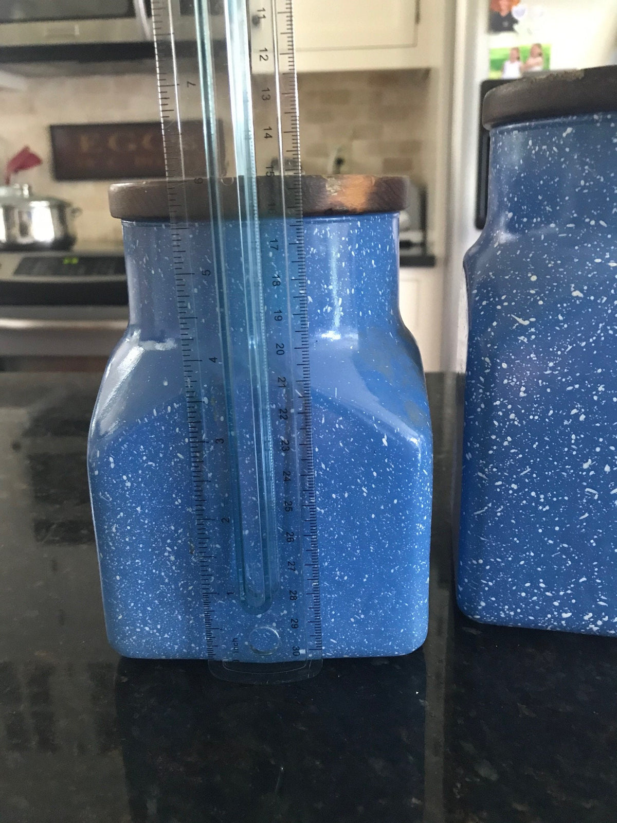 blue speckled canisters, farmhouse kitchen canisters, glass jars wooden lids, blue white speckled storage, cottagecore decor, set of 3 canisters, rustic kitchen storage Thebrokenbirdcompany free shipping