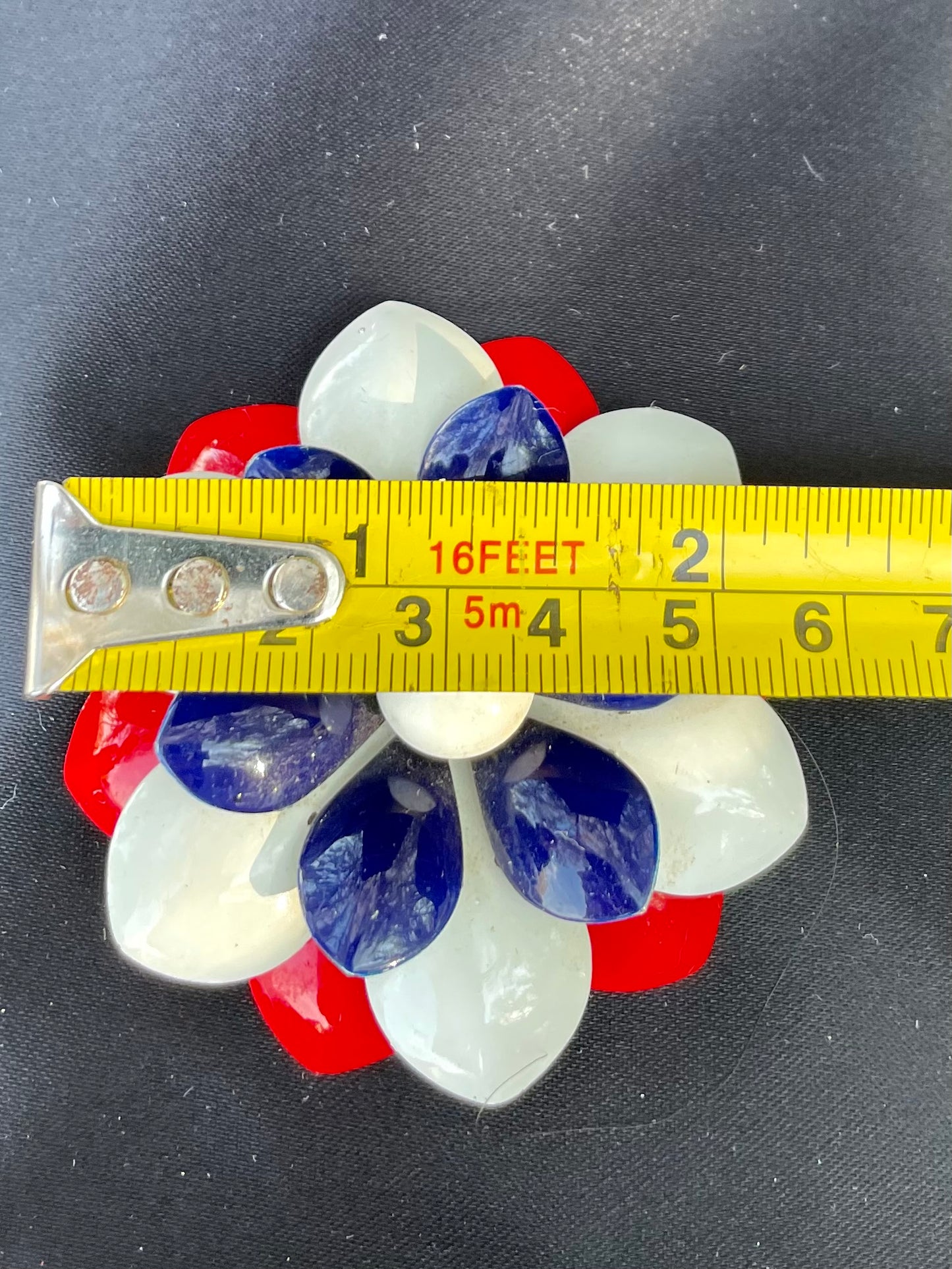 vintage flower brooch, patriotic brooch, red white blue pin, enamel flower pin, 1960s brooch, 1970s jewelry, mid century mod, Americana pin, Fourth of July jewelry, layered flower brooch, unsigned costume jewelry, flower power pin, retro floral pin, metal enamel brooch, 2.25 inch brooch Thebrokenbirdcompany 