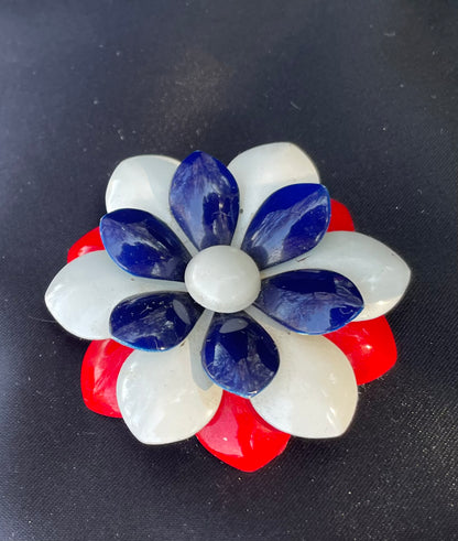 vintage flower brooch, patriotic brooch, red white blue pin, enamel flower pin, 1960s brooch, 1970s jewelry, mid century mod, Americana pin, Fourth of July jewelry, layered flower brooch, unsigned costume jewelry, flower power pin, retro floral pin, metal enamel brooch, 2.25 inch brooch Thebrokenbirdcompany 