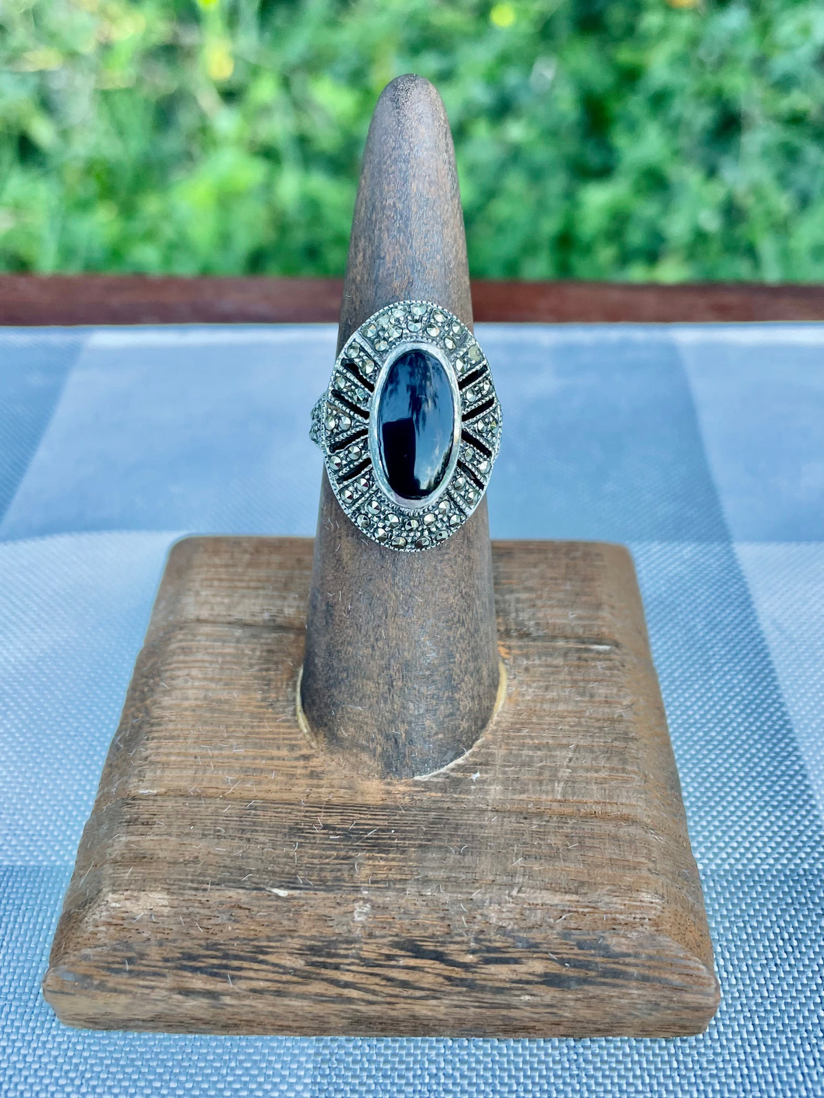 vintage sterling silver ring, black onyx marcasite ring, Art Deco style ring, oval halo ring, size 7 sterling ring, marcasite jewelry, black stone ring, vintage silver ring, geometric marcasite ring, onyx cocktail ring, mid-century sterling ring, baguette halo ring, estate jewelry, antique style silver ring Thebrokenbirdcompany free shipping