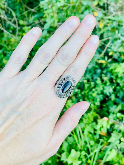 vintage sterling silver ring, black onyx marcasite ring, Art Deco style ring, oval halo ring, size 7 sterling ring, marcasite jewelry, black stone ring, vintage silver ring, geometric marcasite ring, onyx cocktail ring, mid-century sterling ring, baguette halo ring, estate jewelry, antique style silver ring Thebrokenbirdcompany free shipping