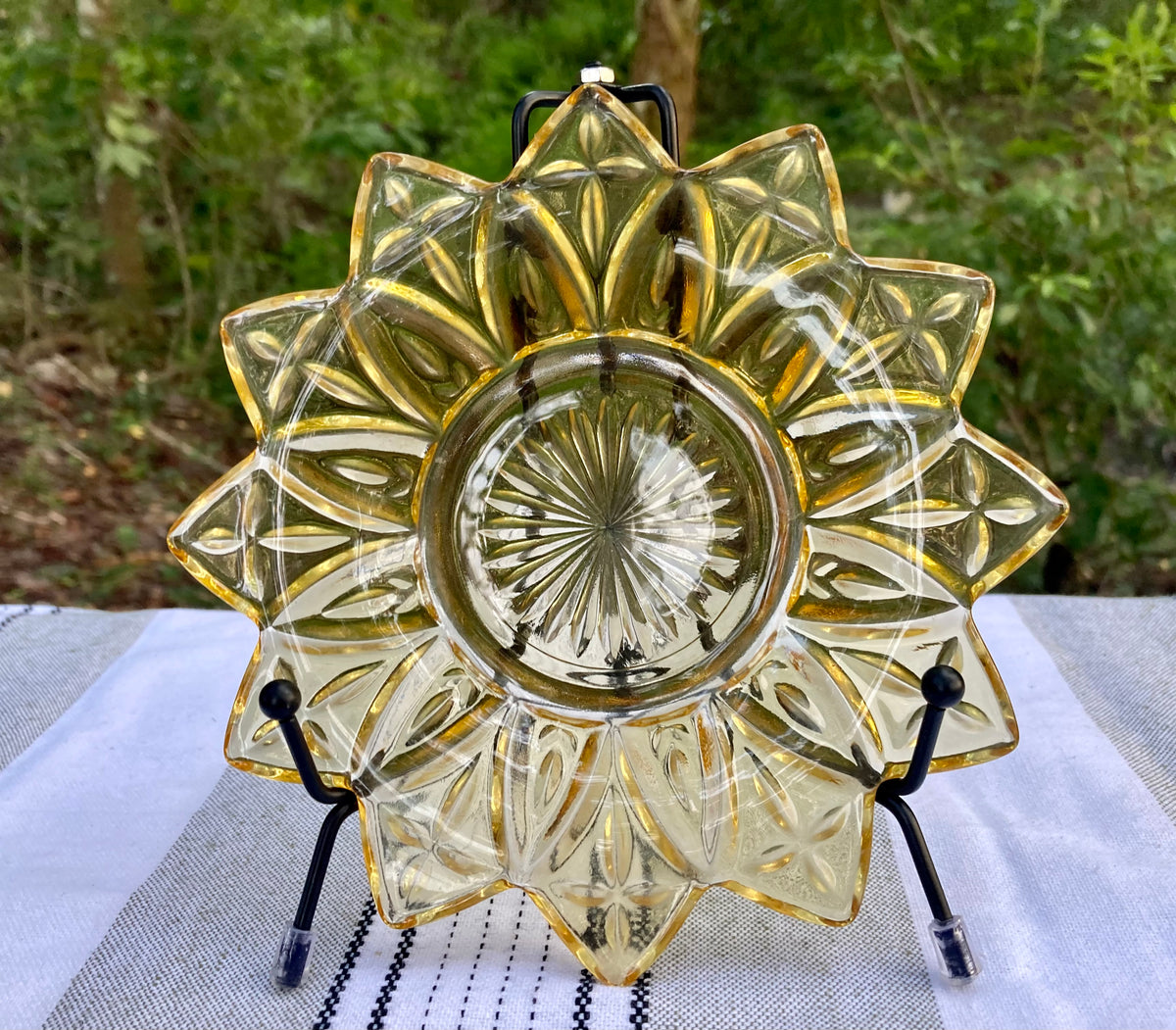 Federal Glass, Petal pattern, yellow glass plate, amber sunflower plate, vintage dessert plate, mid century modern, MCM glassware, 1960s glass, pressed glass plate, starburst petal, flower plate, Sungold, collectible glass Thebrokenbirdcompany free shipping vintage kitchen sunflower plate