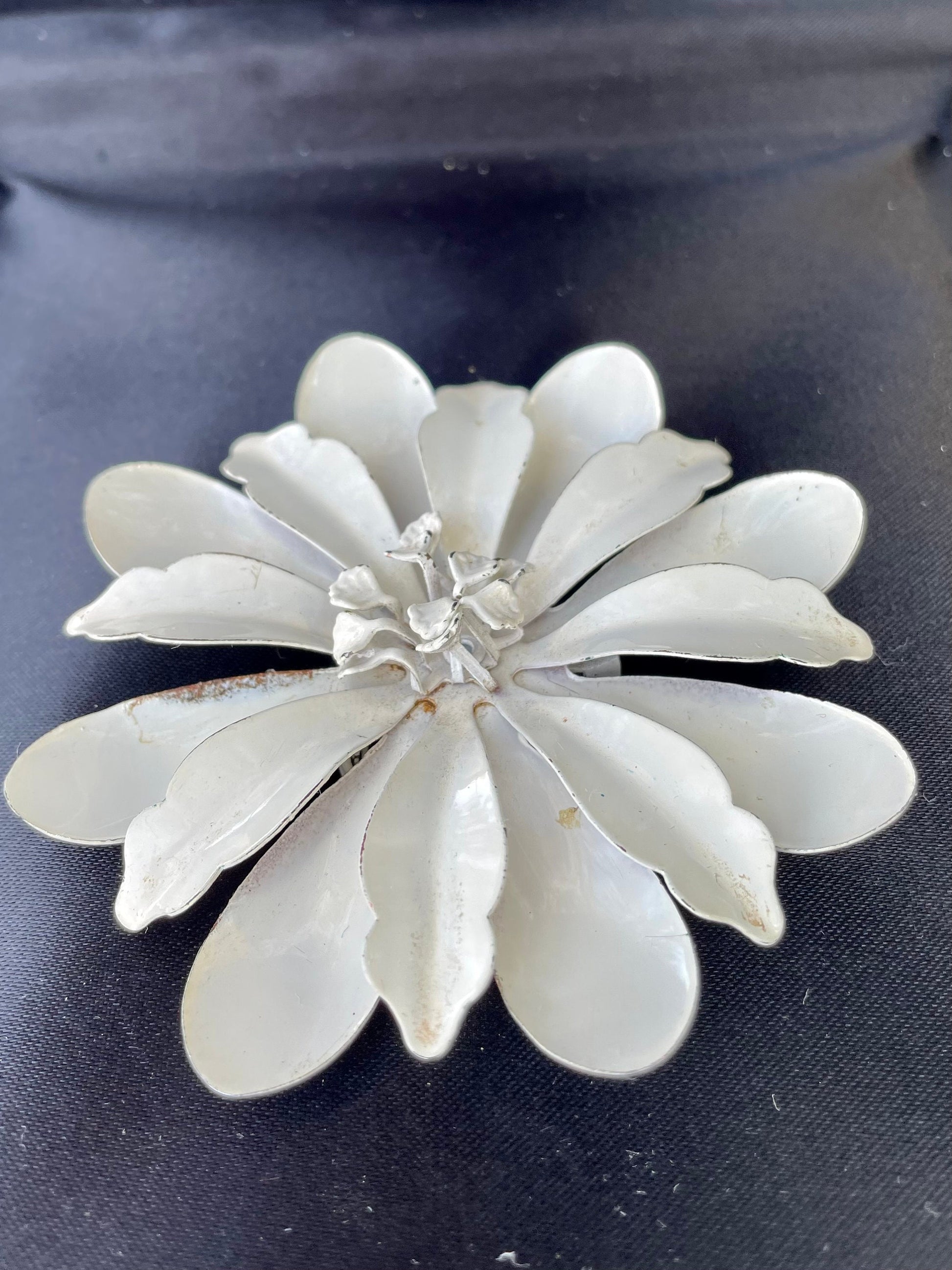 vintage white floral lapel pin with double layered petals retro metal flower brooch white flower unique gift for her Thebrokenbirdcompany 