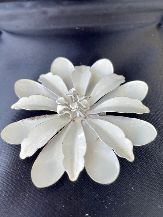 vintage white floral lapel pin with double layered petals retro metal flower brooch white flower unique gift for her Thebrokenbirdcompany 