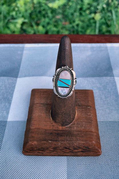 vintage Zuni ring
Zuni inlay ring
sterling silver ring
turquoise ring
Native American jewelry
multi stone ring
coral jet mother of pearl
Southwestern jewelry
channel inlay jewelry
vintage silver ring
Zuni Pueblo craftsmanship
boho ring
handmade Native ring
turquoise coral jewelry
vintage bohemian ring
Thebrokenbirdcompany 
Free shipping
Gift for her 