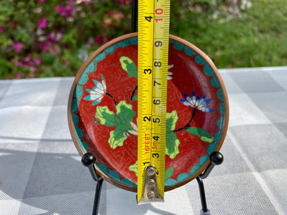 Beautiful rare antique Chinese Cloisonné red enamel on bronze plate with intricate etching lotus flowers and geometric shape trim in turquoise or Jingtai blue with geometric design in red. Lotus flowers in Chinese art represent purity, enlightenment and rebirth in Buddhist iconography. This is extremely rare piece due to the CHINA stamping on the back and the A being a triangle. Most likely from 1912-1949.