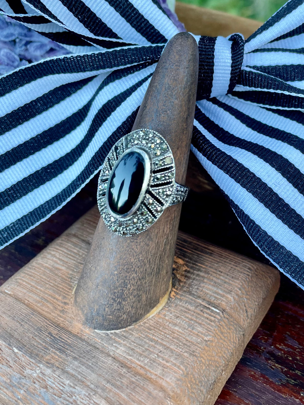 vintage sterling silver ring, black onyx marcasite ring, Art Deco style ring, oval halo ring, size 7 sterling ring, marcasite jewelry, black stone ring, vintage silver ring, geometric marcasite ring, onyx cocktail ring, mid-century sterling ring, baguette halo ring, estate jewelry, antique style silver ring Thebrokenbirdcompany free shipping