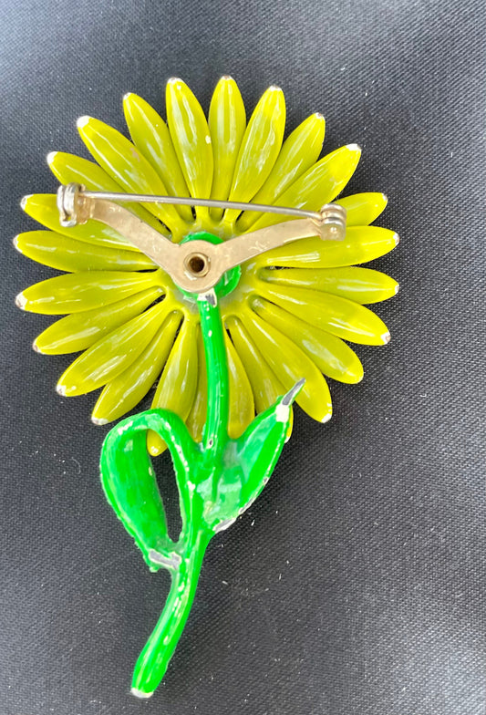 sunflower brooch, daisy brooch pin, yellow enamel pin, flower child hippie vintage sunflower pin, 1960s flower brooch, retro mod jewelry, green stem brooch, enamel flower pin, costume jewelry brooch, floral lapel pin, statement flower pin, vintage daisy pin, 3 inch brooch vintage yellow sunflower brooch 1960s retro green stem flower pin enamel daisy brooch for women vintage yellow enamel sunflower brooch pin 3 inch retro Thebrokenbirdcompany free shipping