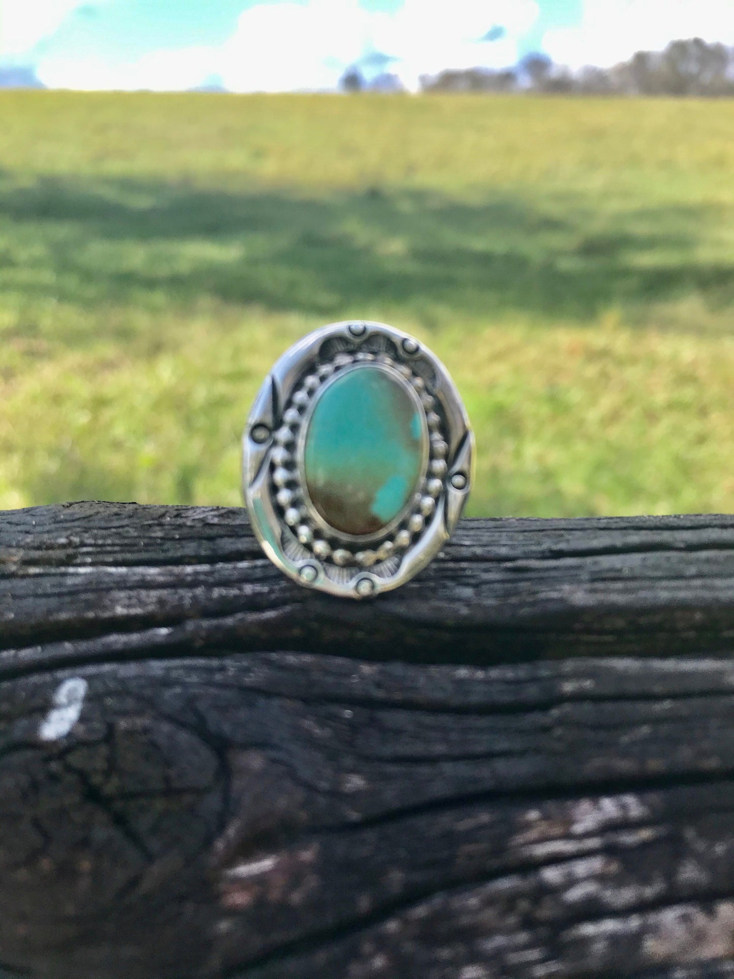 Vintage Double Banded Hand Made Large Turquoise Round Stone Ring with Silver Etched Halo