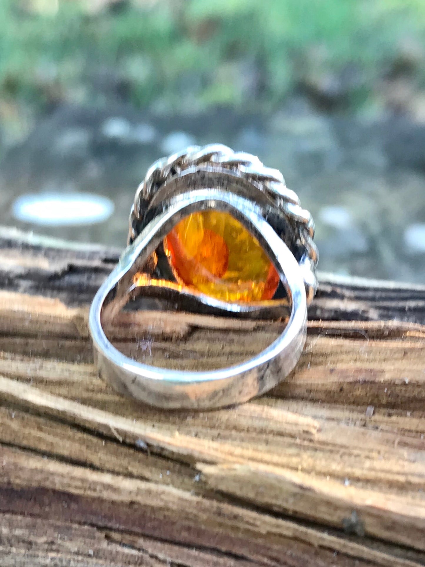 Natural Amber Sap with Sediments Twisted Halo Sterling Silver Statement Ring Size 6 US