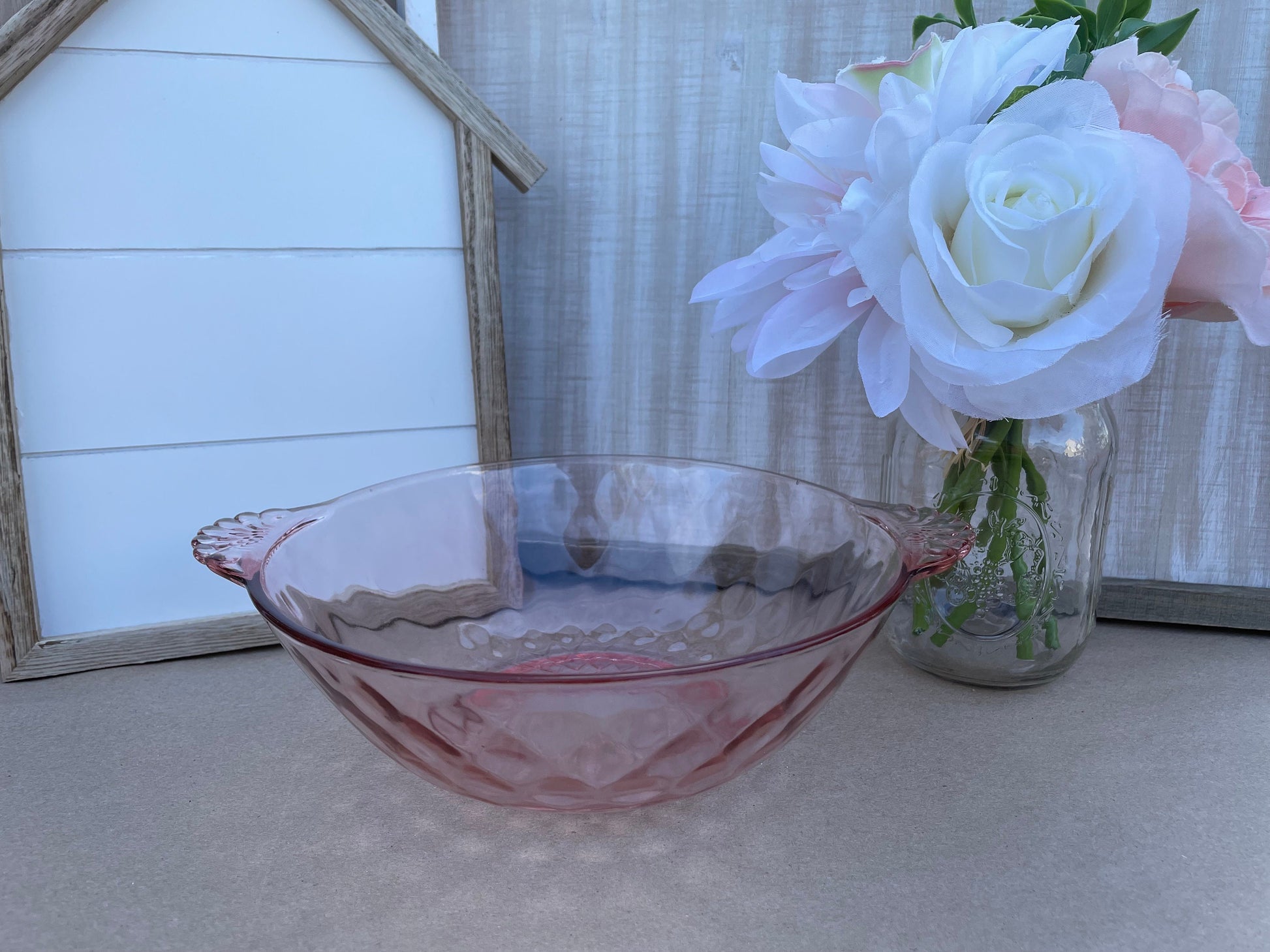 Anchor Hocking diamond optic pink depression glass serving bowl with ornate glass handles Pink depression glass berry bowl ornate salad bowl Thebrokenbirdcompany pink glass antique glass pink birthday gift fancy ice cream bowl depression glass pink party bowl 