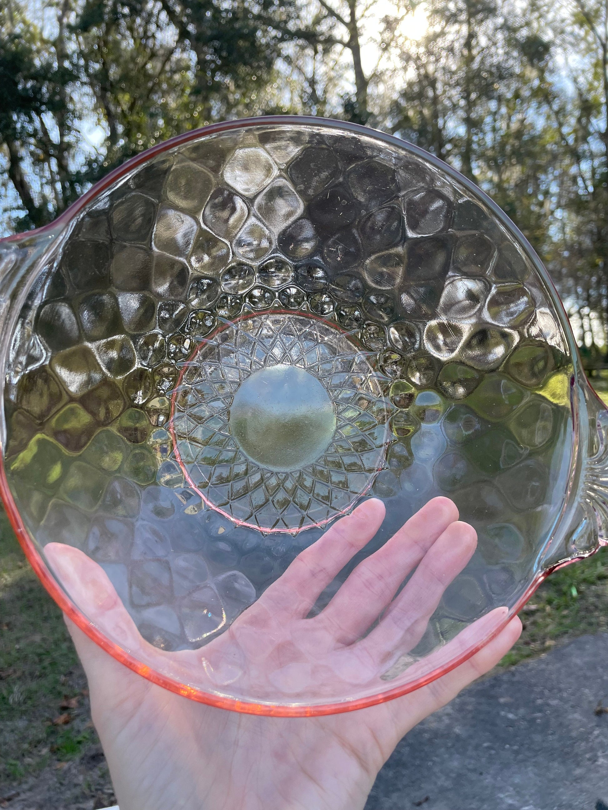 Anchor Hocking diamond optic pink depression glass serving bowl with ornate glass handles Pink depression glass berry bowl ornate salad bowl Thebrokenbirdcompany pink glass antique glass pink birthday gift fancy ice cream bowl depression glass pink party bowl 