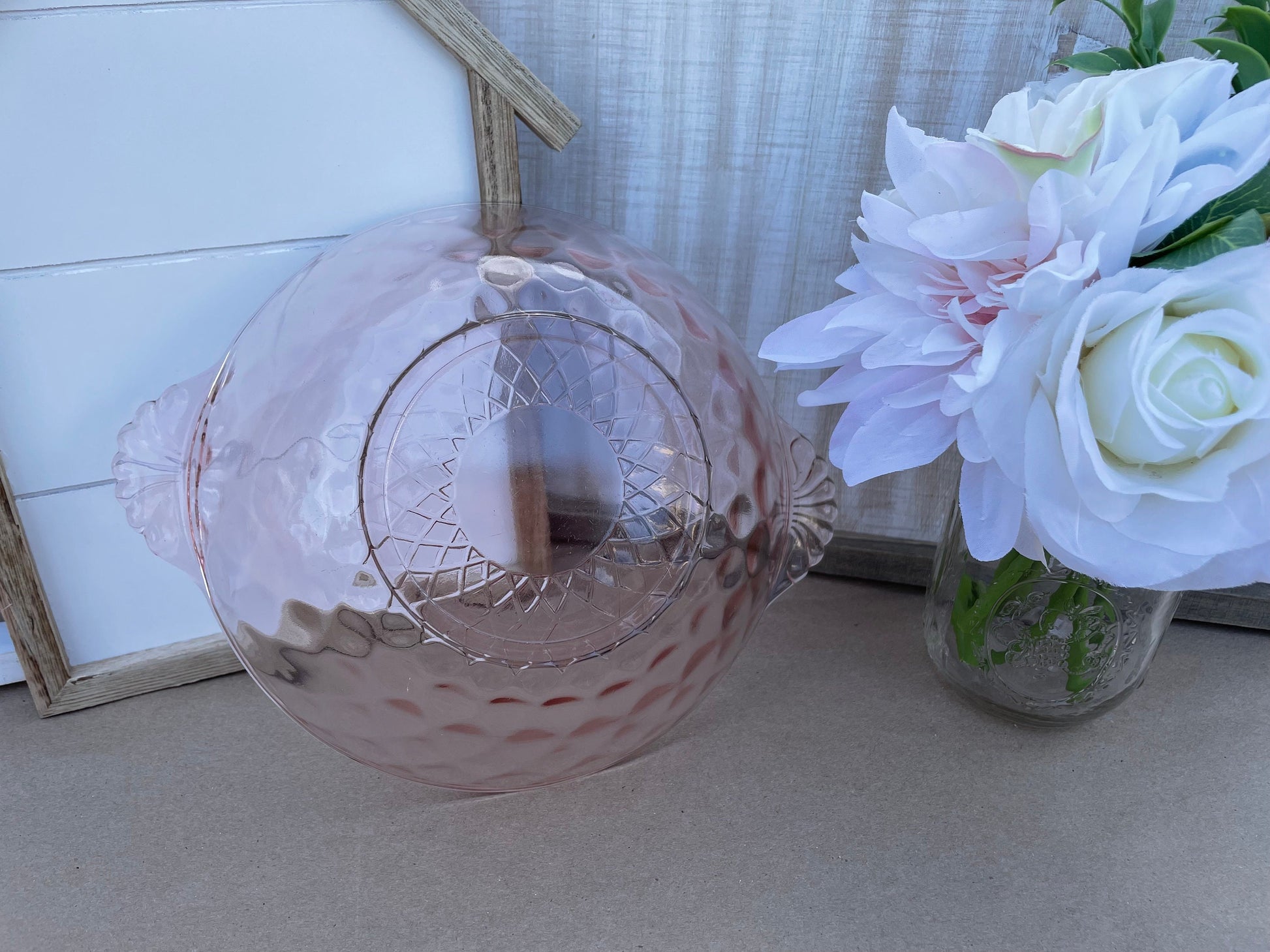 Anchor Hocking diamond optic pink depression glass serving bowl with ornate glass handles Pink depression glass berry bowl ornate salad bowl Thebrokenbirdcompany pink glass antique glass pink birthday gift fancy ice cream bowl depression glass pink party bowl 