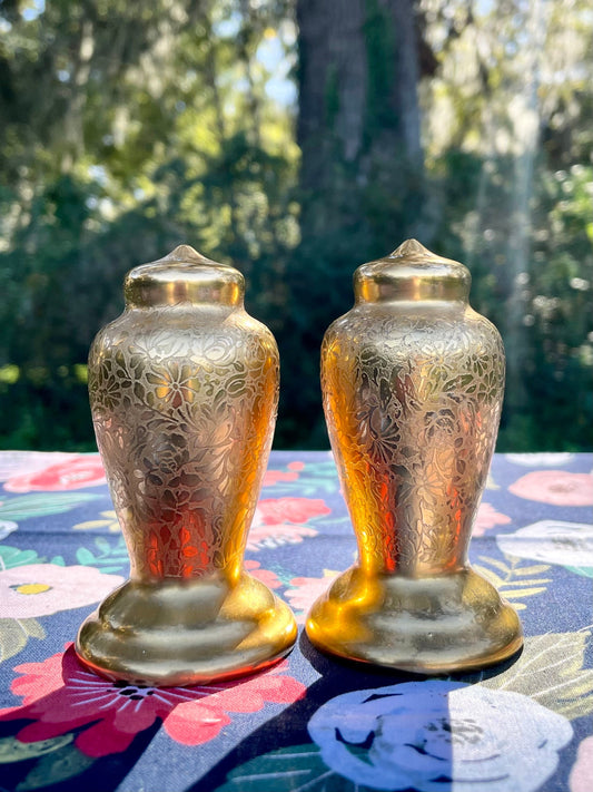 Antique 1930s gold Pickard rose and daisy etched salt and pepper shaker set Made with 24 karat gold encrusting over ceramic etched  floral Thebrokenbirdcompany Salt and pepper shaker set rare 24 kt gold kitchenware unique birthday gift free shipping