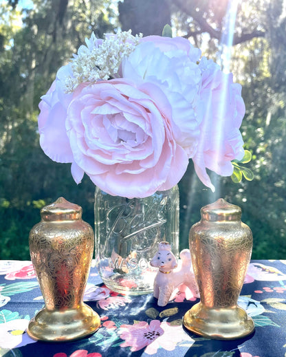 Antique 1930s gold Pickard rose and daisy etched salt and pepper shaker set Made with 24 karat gold encrusting over ceramic etched  floral Thebrokenbirdcompany Salt and pepper shaker set rare 24 kt gold kitchenware unique birthday gift free shipping