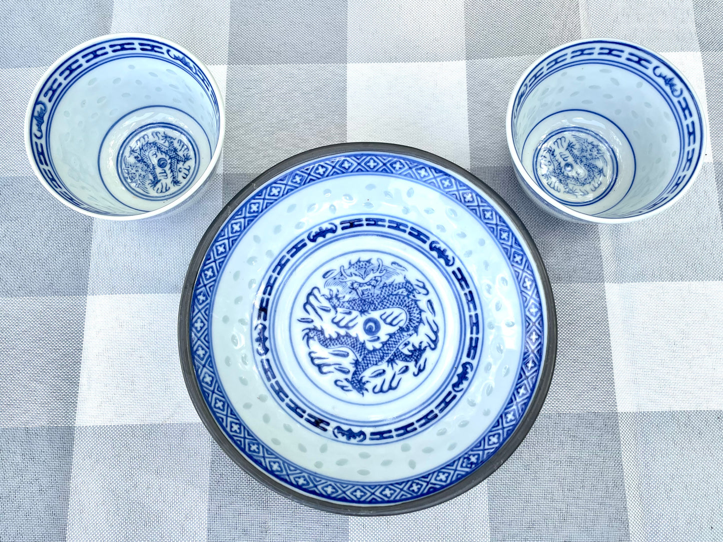 Vintage White Ceramic Blue Dragon Sake Cups and Rice Bowl Set