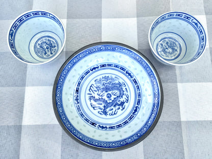 Vintage White Ceramic Blue Dragon Sake Cups and Rice Bowl Set