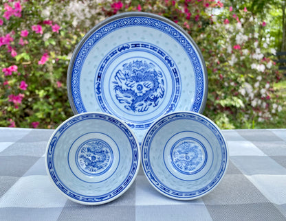Vintage White Ceramic Blue Dragon Sake Cups and Rice Bowl Set