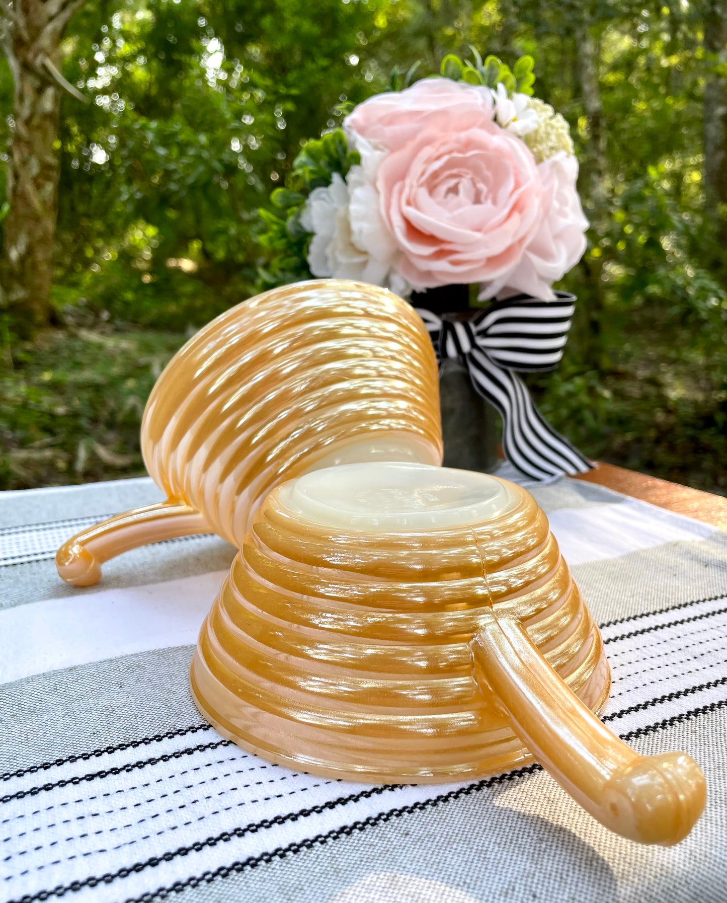 Vintage Peach Lusterware Fire King 23 Opalescent Glass Bowls with Handles