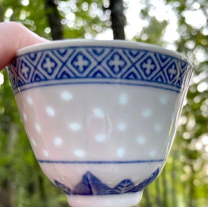 Vintage White Ceramic Blue Dragon Sake Cups and Rice Bowl Set