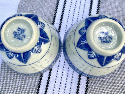 Vintage White Ceramic Blue Dragon Sake Cups and Rice Bowl Set