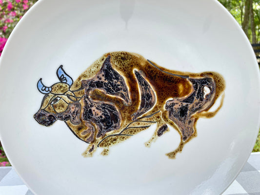 vintage ceramic plate, hand painted bull plate, stylized bull ceramic, Taurus plate, decorative charger plate, mid century pottery, studio pottery plate, white ceramic wall plate, animal motif plate, zodiac Taurus decor, art pottery bull, 10 inch ceramic plate, hand painted pottery, folk art plate, collector ceramic plate thebrokenbirdcompany free shipping