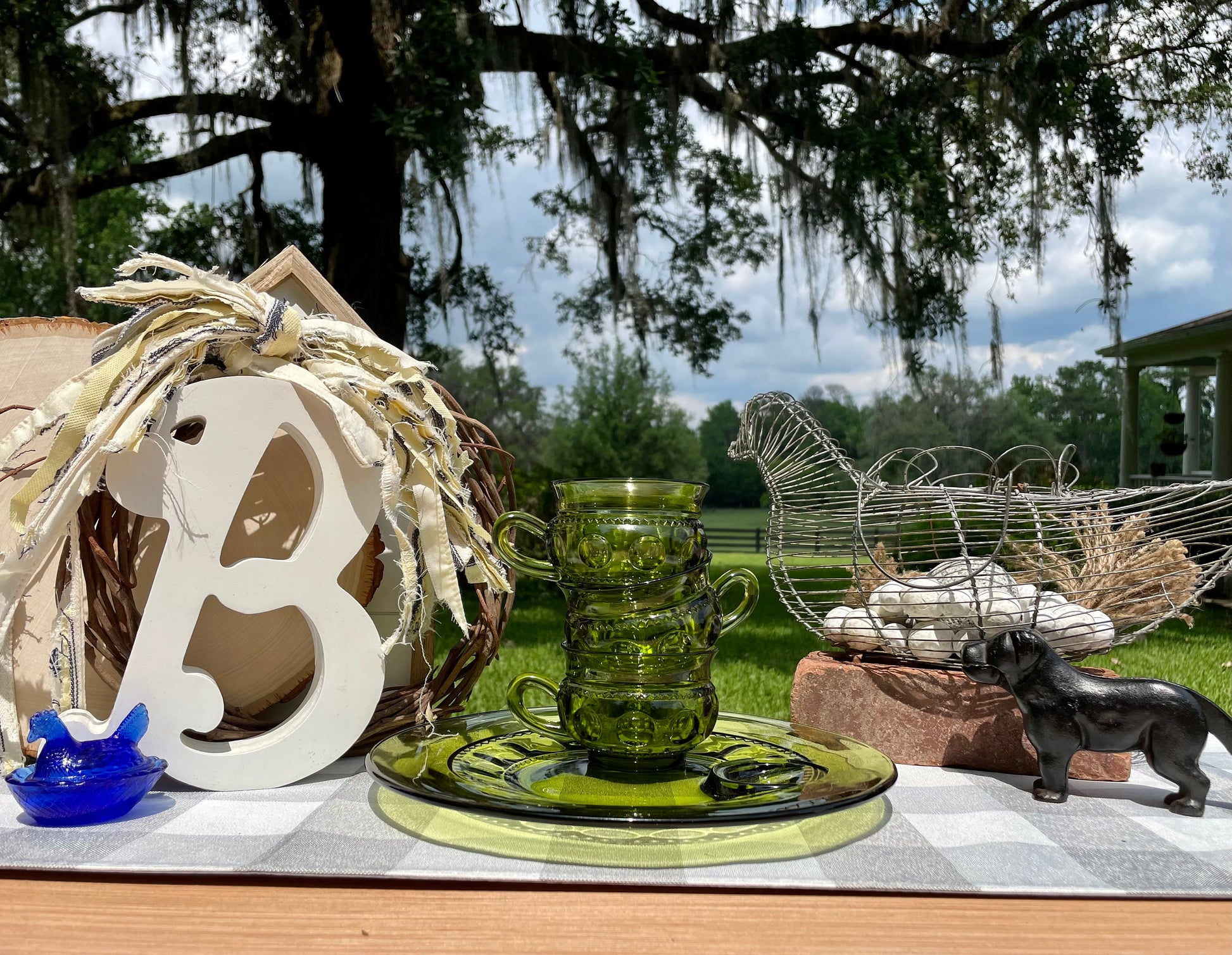 King’s Crown, Thumbprint glass, Indiana Glass, avocado green glass, vintage snack plate, luncheon plate, retro glassware, mid century glass, depression glass, olive green plate, cup and saucer set, thumbprint cup holder, 1970s kitchenware, vintage entertaining set, pressed glass, collectible glass Thebrokenbirdcompany free shipping vintage indiana glass kings crown avocado green 10.5 plate”, “retro thumbprint snack set with cup holder