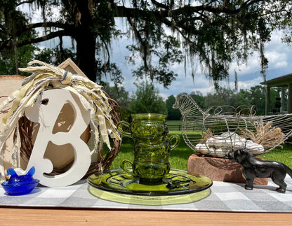 King’s Crown, Thumbprint glass, Indiana Glass, avocado green glass, vintage snack plate, luncheon plate, retro glassware, mid century glass, depression glass, olive green plate, cup and saucer set, thumbprint cup holder, 1970s kitchenware, vintage entertaining set, pressed glass, collectible glass Thebrokenbirdcompany free shipping vintage indiana glass kings crown avocado green 10.5 plate”, “retro thumbprint snack set with cup holder