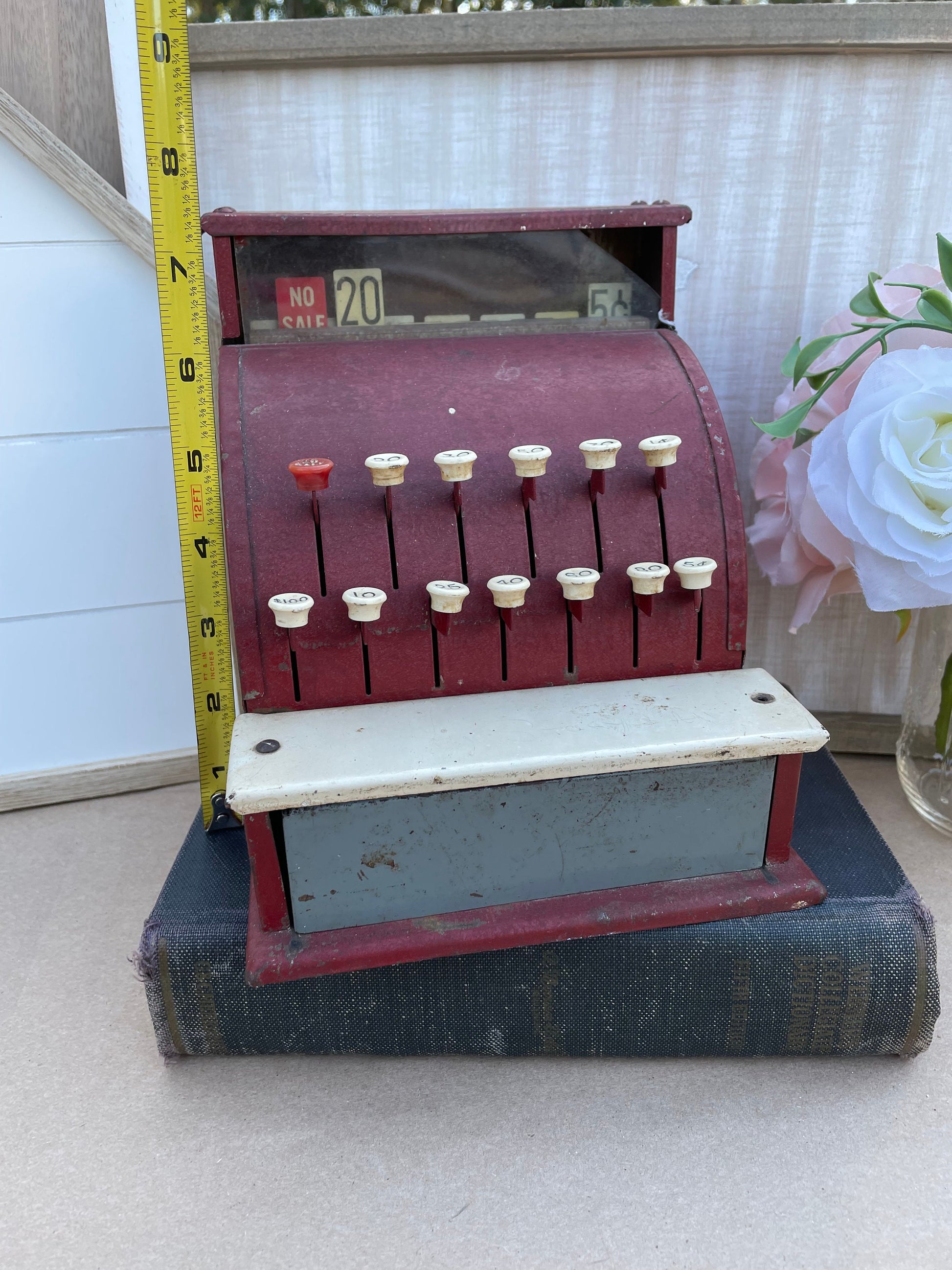 vintage toy Vintage toy cash register Tom Thumb cash register 1950s tin toy Retro cash register Metal toy cash register Antique toy register Collectible tin toys Western Stamping Co toy Mechanical cash register toy Red tin cash register Nostalgic kids toy Vintage play money register Mid-century toy Tinplate cash register Childrens vintage toy Retro store play set Antique metal toy 50s era cash register Collectible childrens register Maroon toy cash register thebrokenbirdcompany gift for collector