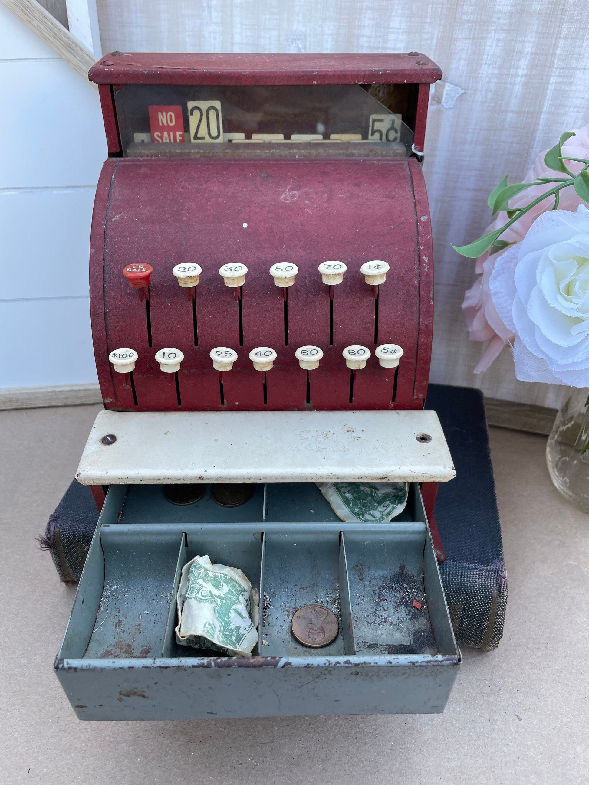Vintage toy cash register Tom Thumb cash register 950s tin toy Retro cash register Metal toy cash register Antique toy register Collectible tin toys Western Stamping Co toy Mechanical cash register toy Red tin cash register Nostalgic kids toy Vintage play money register Mid-century toy Tinplate cash register Childrens vintage toy Retro store play set Antique metal toy 50s era cash register Collectible childrens register Maroon toy cash register thebrokenbirdcompany gift for collector