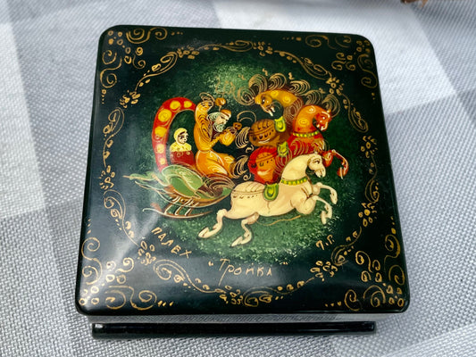 Vintage Wooden Hand Painted and Signed Russian Black Lacquer Fairy Tale Trinket Box with Red Interior