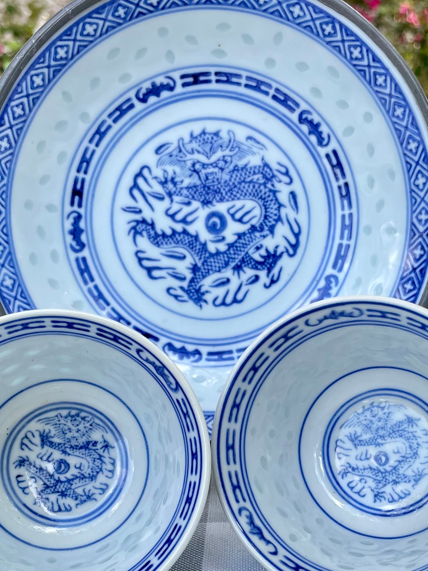 Vintage White Ceramic Blue Dragon Sake Cups and Rice Bowl Set