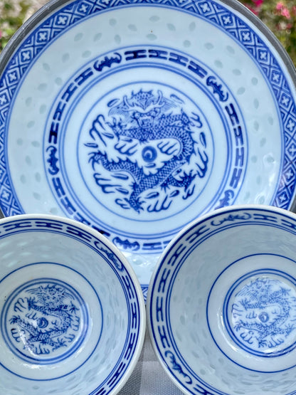 Vintage White Ceramic Blue Dragon Sake Cups and Rice Bowl Set