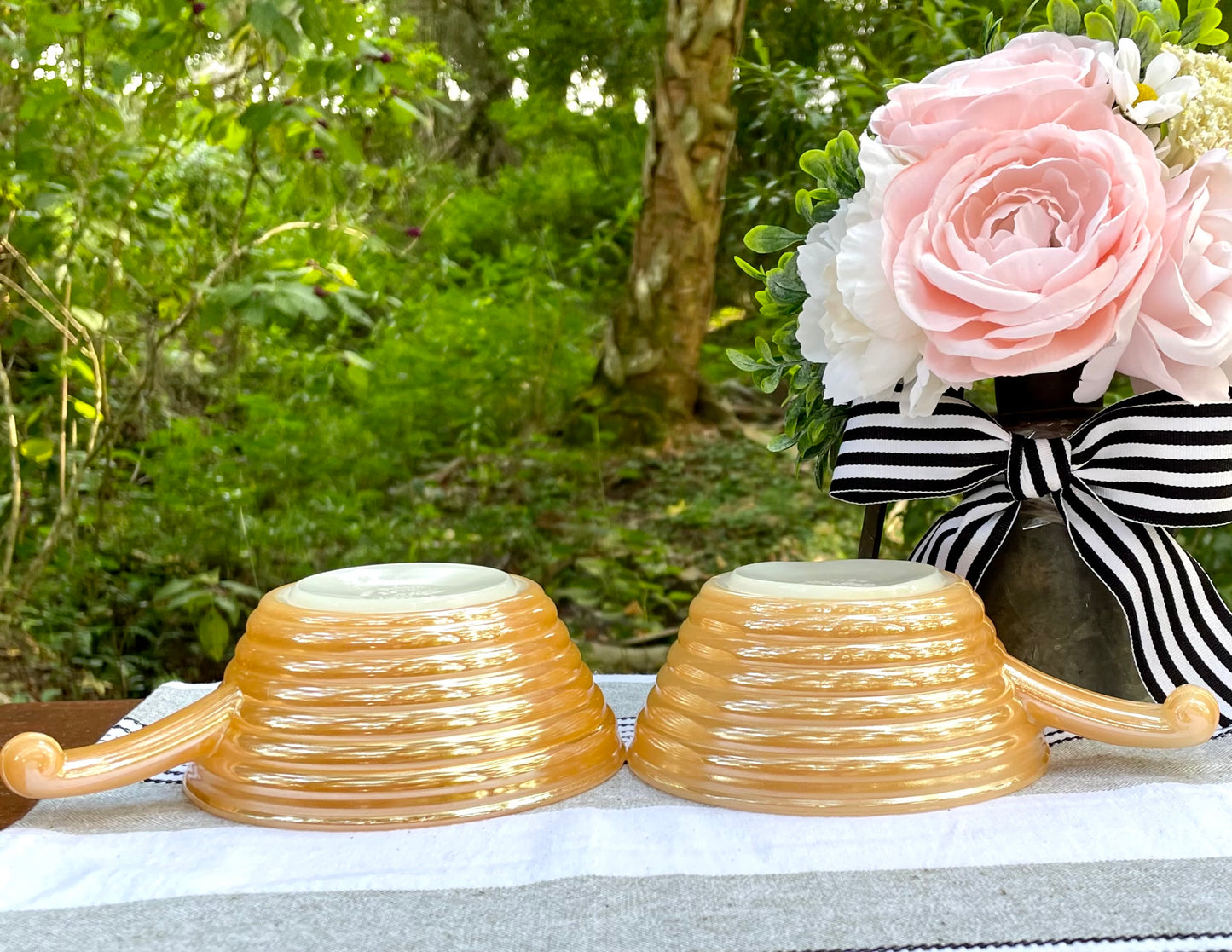 Vintage Peach Lusterware Fire King 23 Opalescent Glass Bowls with Handles
